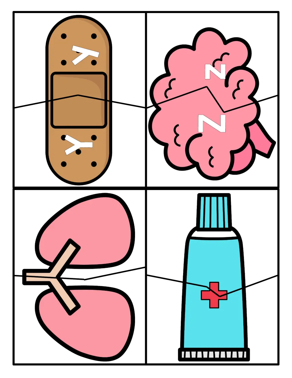Letters Y and Z: bandage and brain puzzles pairing uppercase to lowercase, plus blank lungs and ointment tube cards