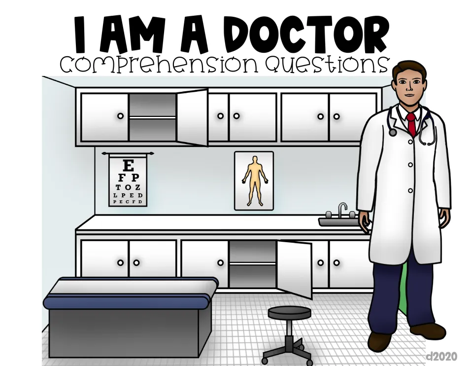 Comprehension section cover titled 'I Am a Doctor,' showing a doctor in an examination room