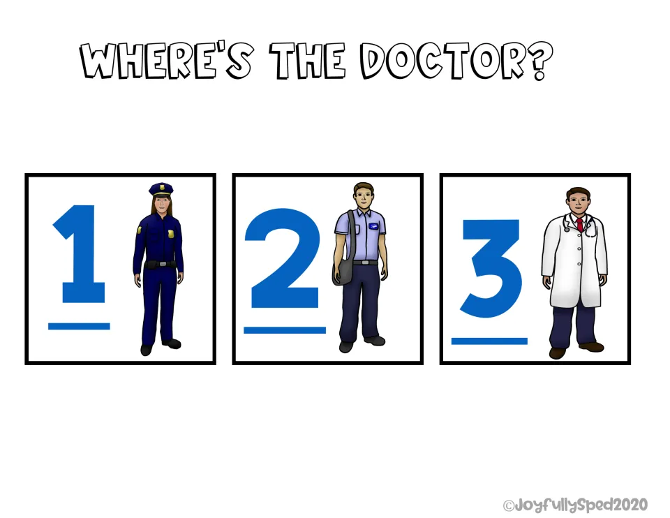 Doctor identification question asks 'Where's the doctor?' with three picture choices numbered 1–3