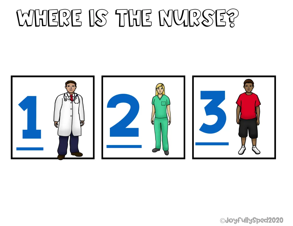 Nurse identification question asks 'Where is the nurse?' with doctor, nurse, and child picture choices