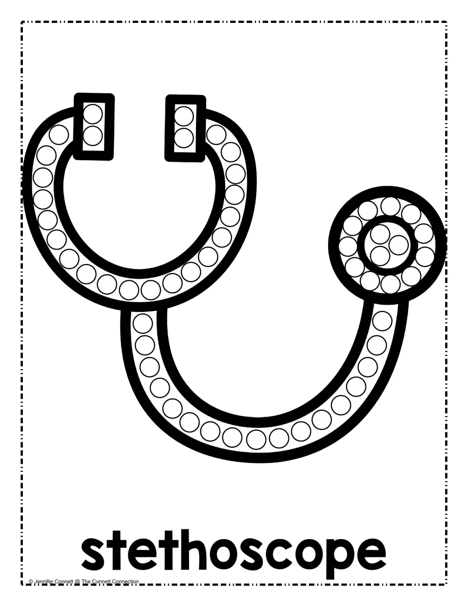 Stethoscope dot page: students fill each circle along the tubing, earpieces and chest piece with a dot marker or paint