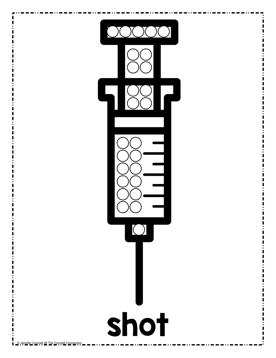 Shot (syringe) dot page: students press a marker into each circle on the plunger and barrel to practise fine motor control