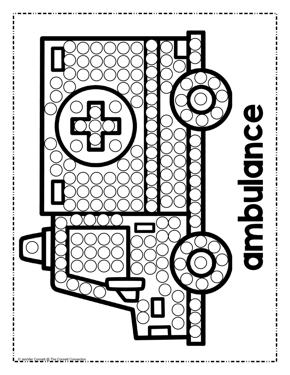 Ambulance dot painting: children fill the circles on the vehicle body, wheels, siren light and cross symbol with dots
