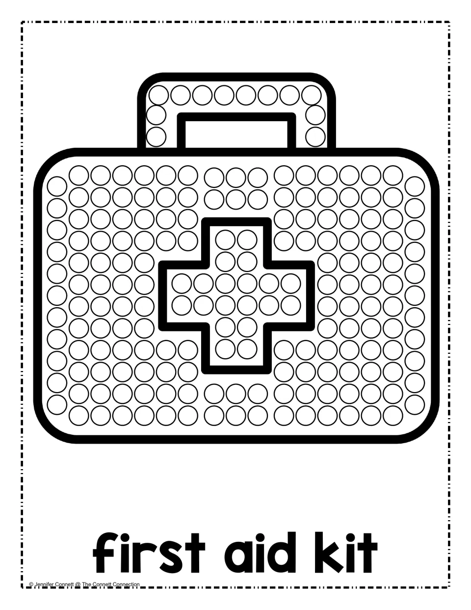 First aid kit dot page: students dot every circle on a carrying case with a handle and a large cross in the middle