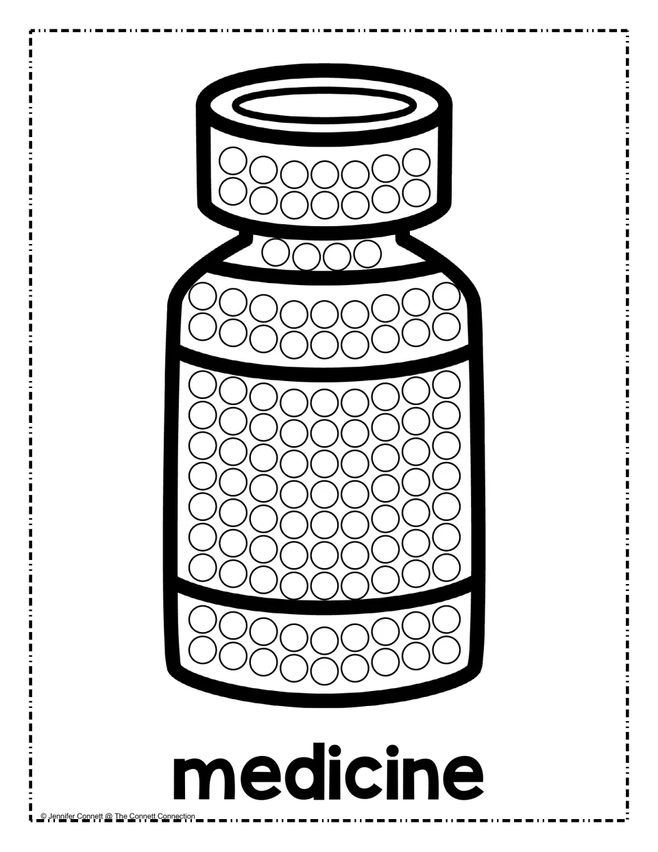 Medicine bottle dot art: children dab color into the rows of circles on the cap, neck, label and base of the bottle