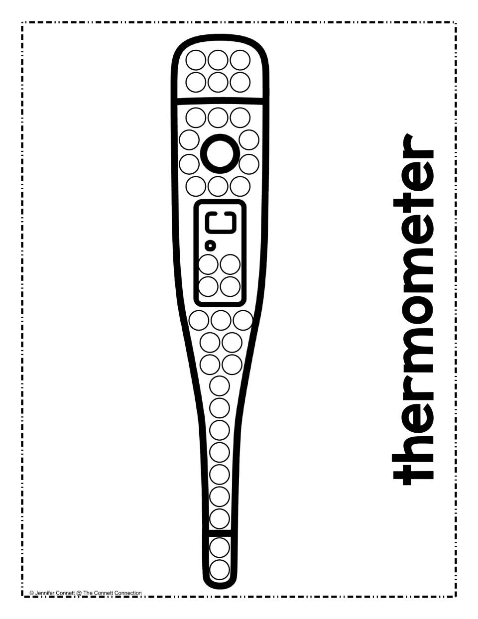 Thermometer dot page: students fill the circles along a digital thermometer with a °C display, from the top down to the tip
