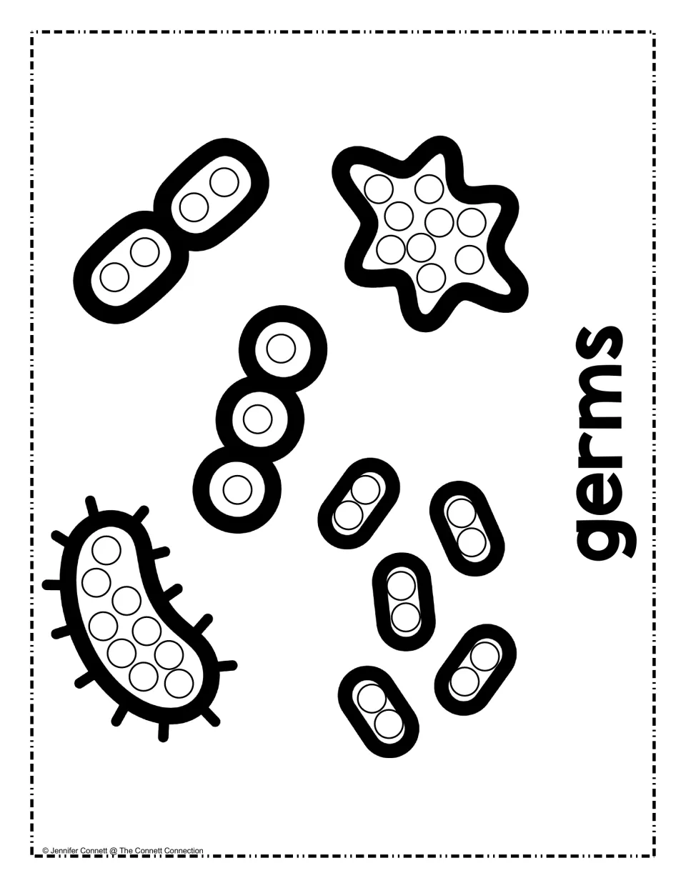 Germs dot page: children dot the circles inside several cartoon germ shapes, including a star-shaped germ and a spiky one