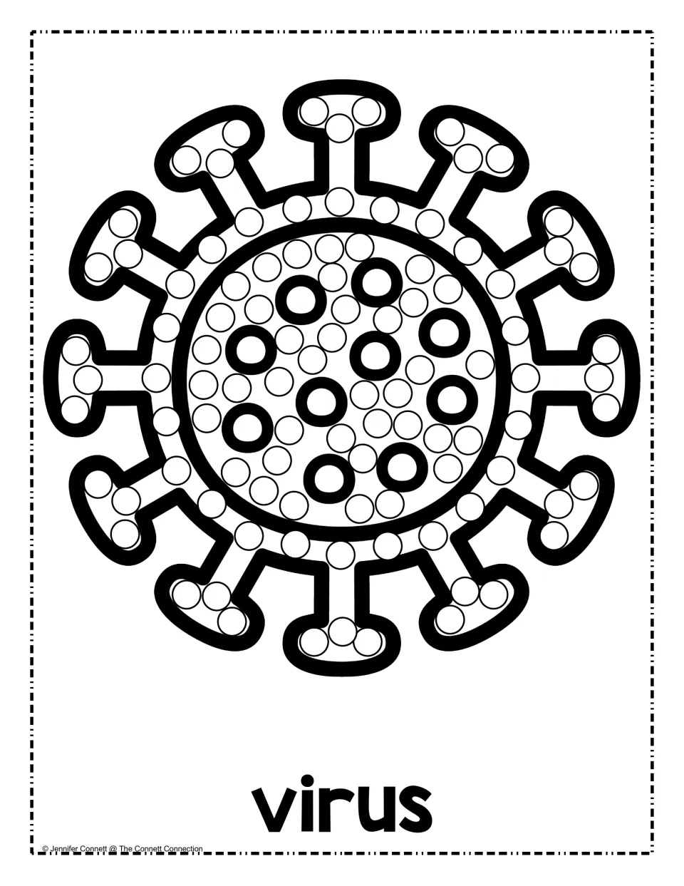 Virus dot painting: students dab paint into the circles on the round body and spiky outer projections of a virus
