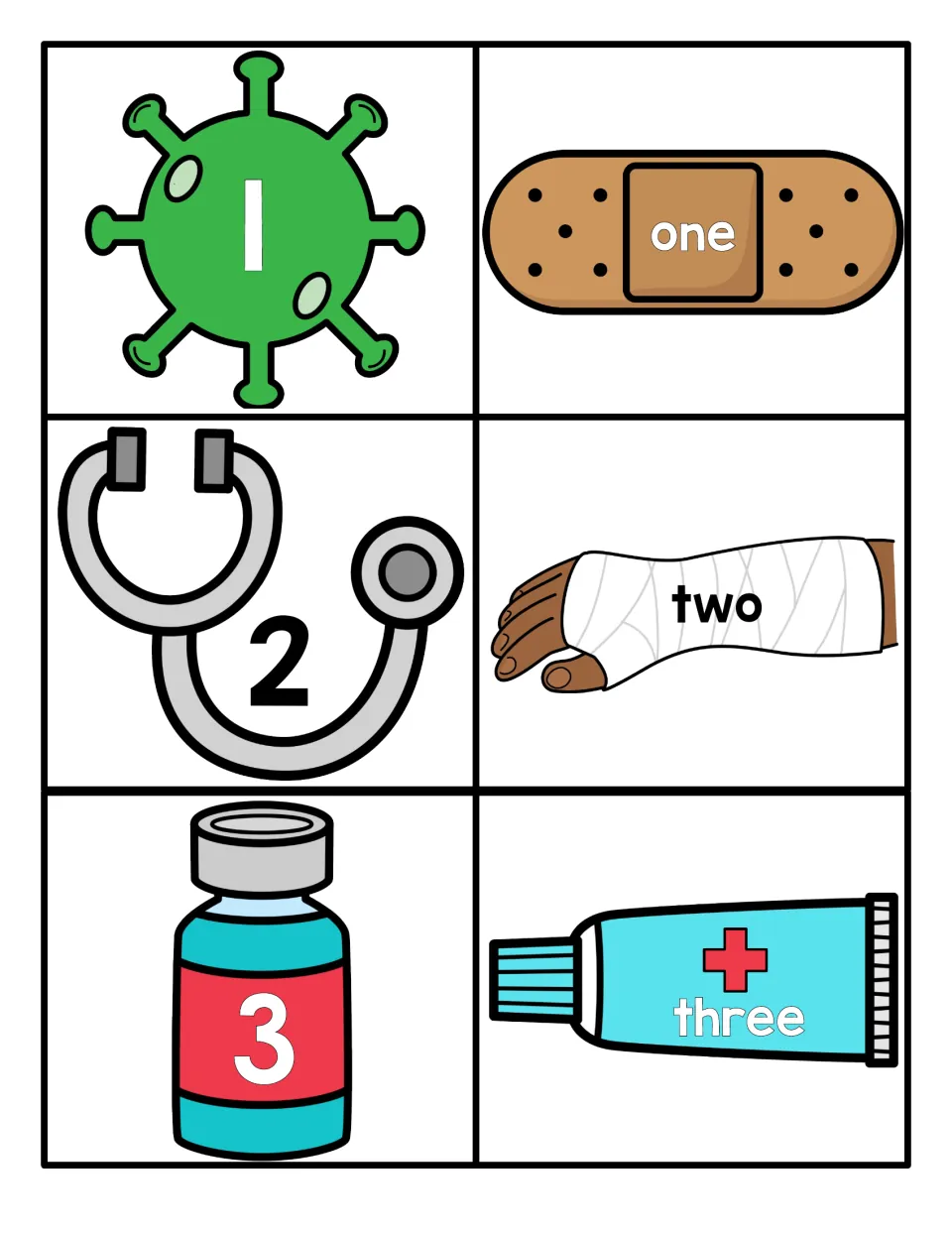 Numbers 1 to 3: numerals on a germ, stethoscope and vial pair with number words on a bandage, cast and ointment tube