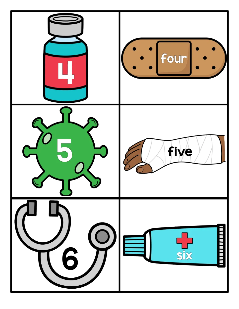 Numbers 4 to 6 cards: numerals on a vial, germ and stethoscope match the words four, five and six on medical pictures