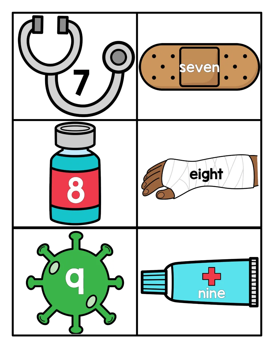 Numbers 7 to 9 cards: students match numerals on a stethoscope, vial and germ to seven, eight and nine on medical items