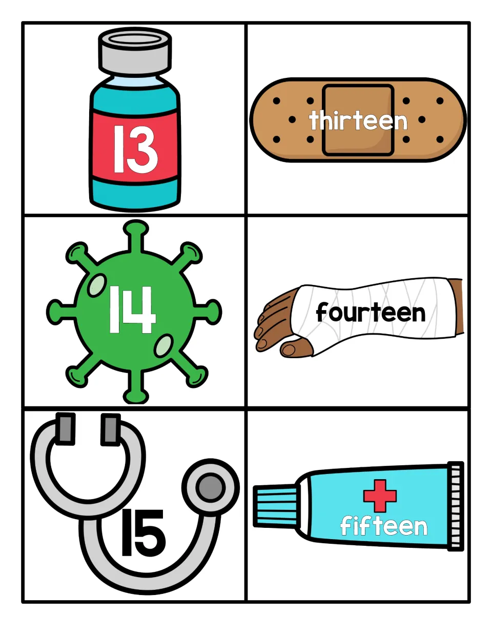 Teen numbers 13 to 15 cards: numerals on a vial, germ and stethoscope match the words thirteen, fourteen and fifteen