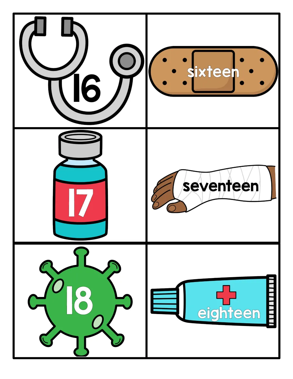 Teen numbers 16 to 18 cards: numerals on a stethoscope, vial and germ pair with sixteen, seventeen and eighteen words