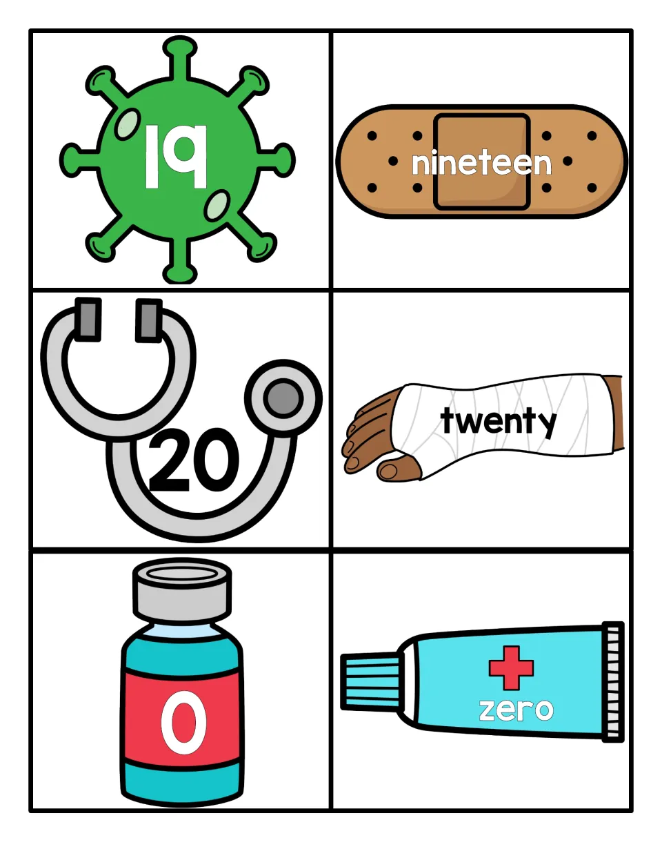Numbers 19, 20 and 0 cards: numerals on a germ, stethoscope and vial match nineteen, twenty and zero on medical pictures