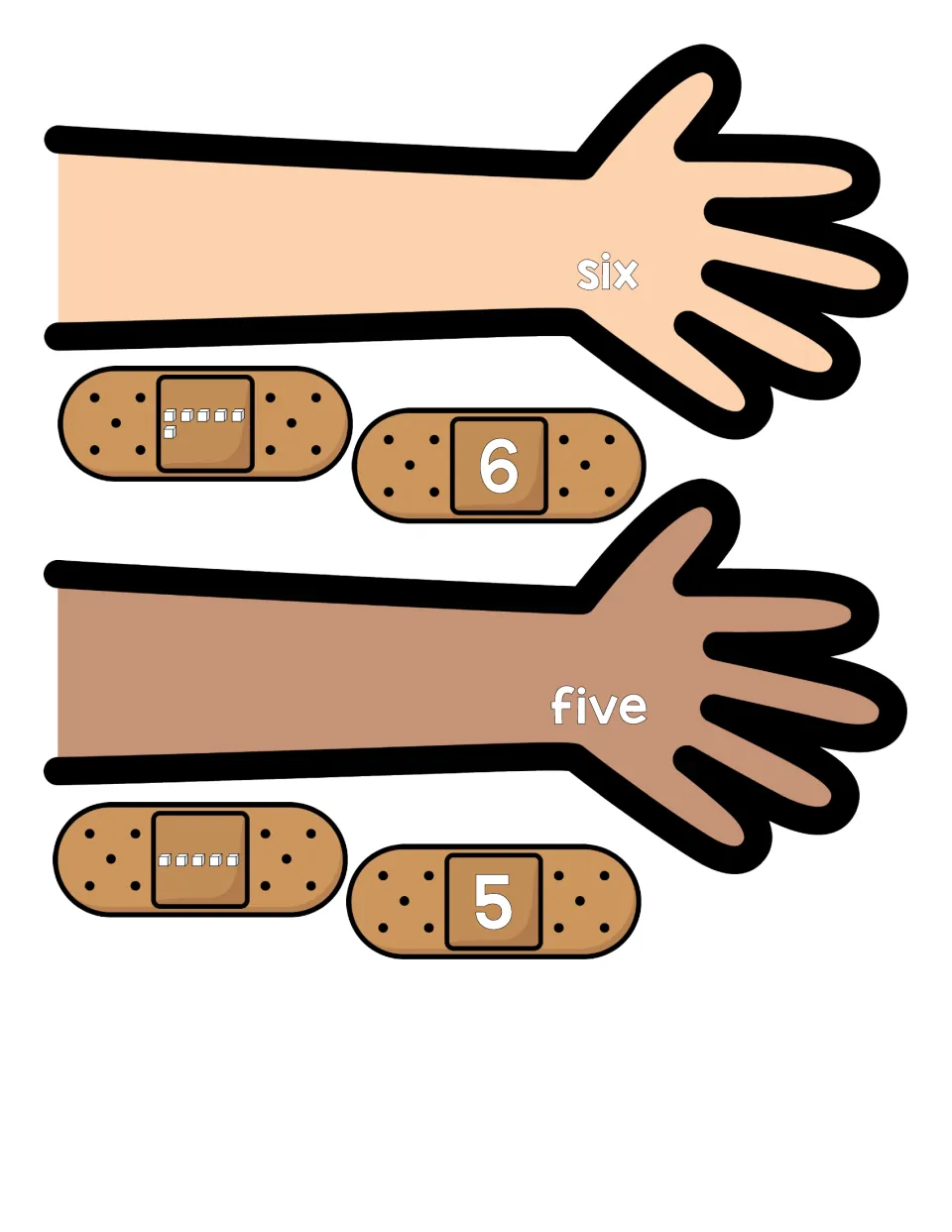 Numbers 6 and 5: students count 6 and 5 cubes on bandages and match them with numerals to the six and five arms