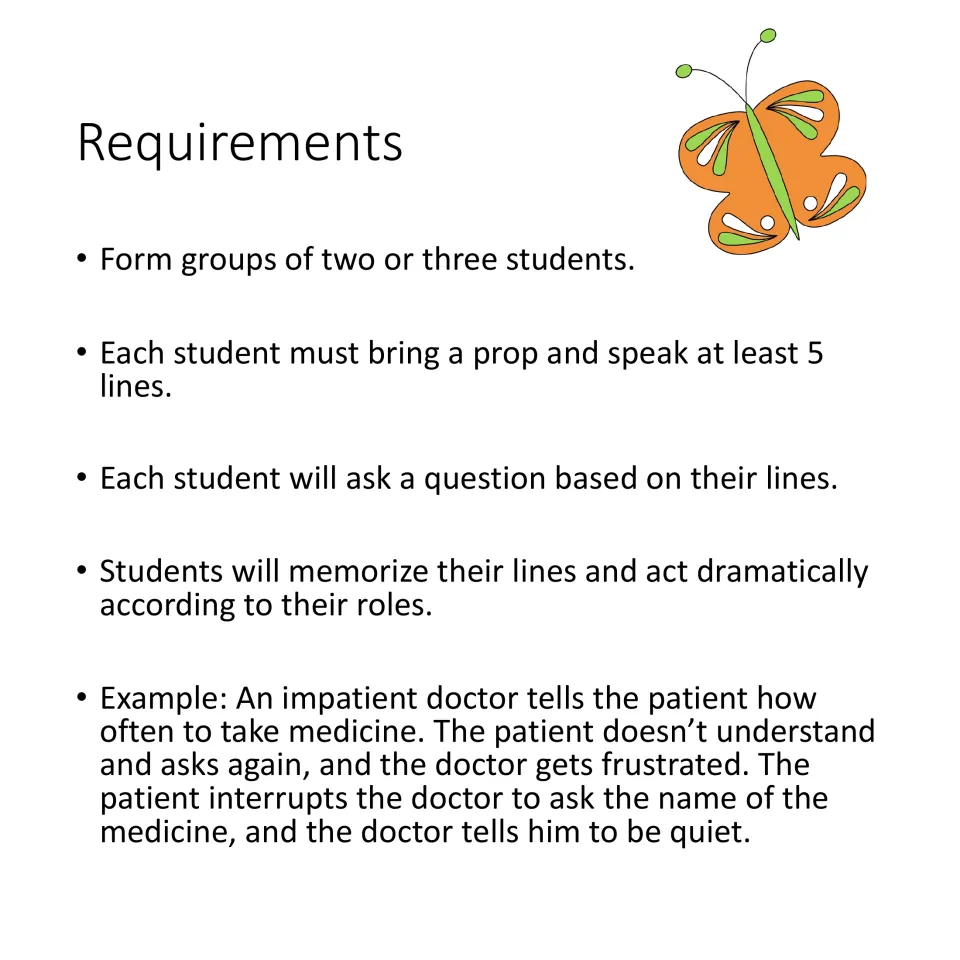 Role-play requirements: groups of two or three, a prop and five lines per student, questions, and memorization.