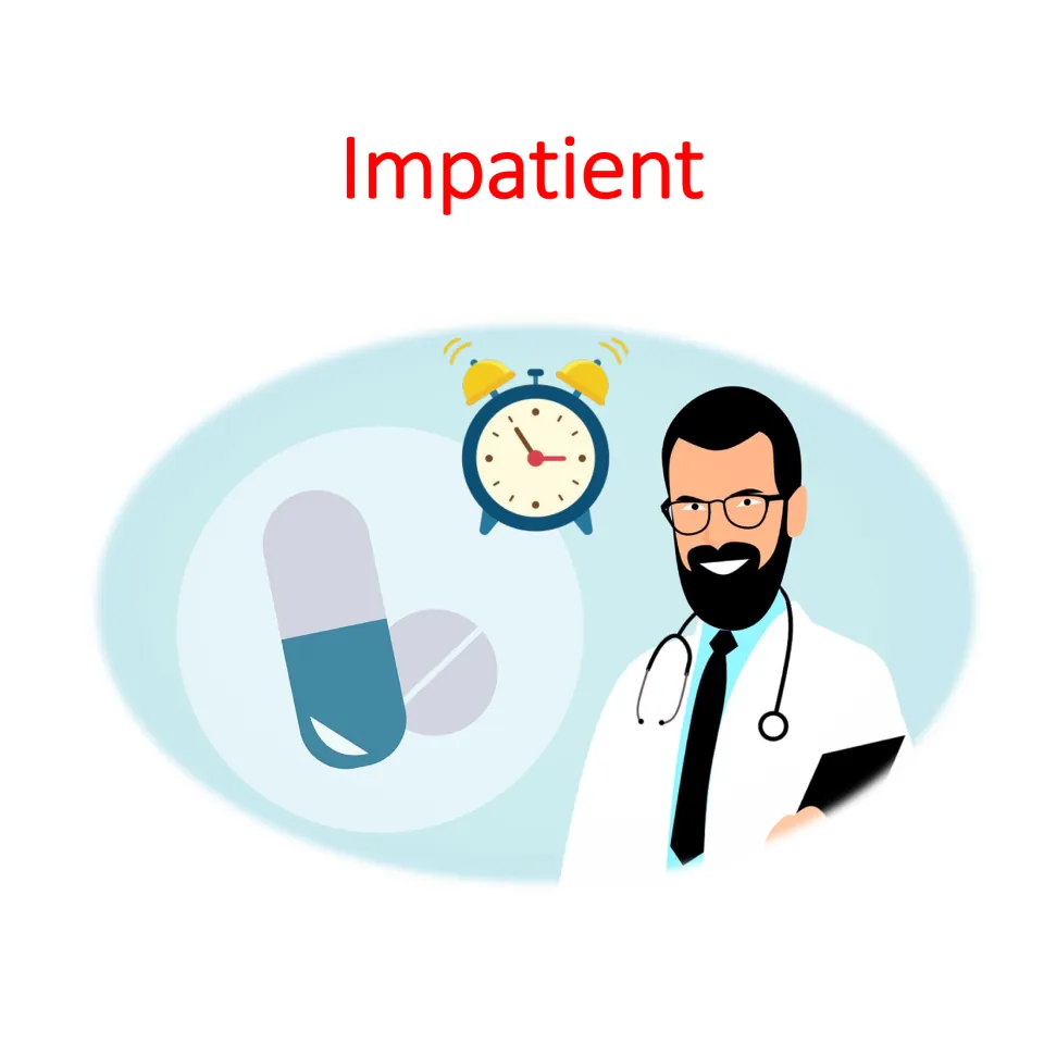 Doctor character card 1 of 4: Impatient, illustrated with a doctor and alarm clock for the role-play activity.