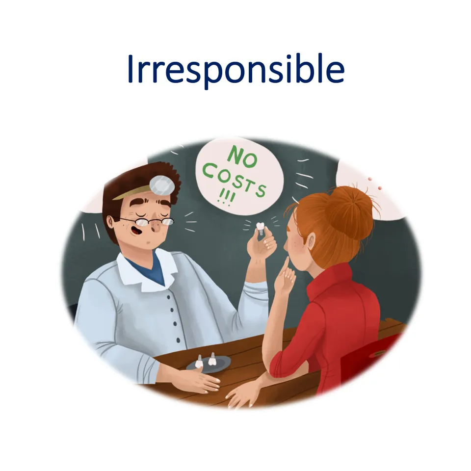 Doctor character card 3 of 4: Irresponsible, showing a doctor holding a tooth beside a patient for role-play.