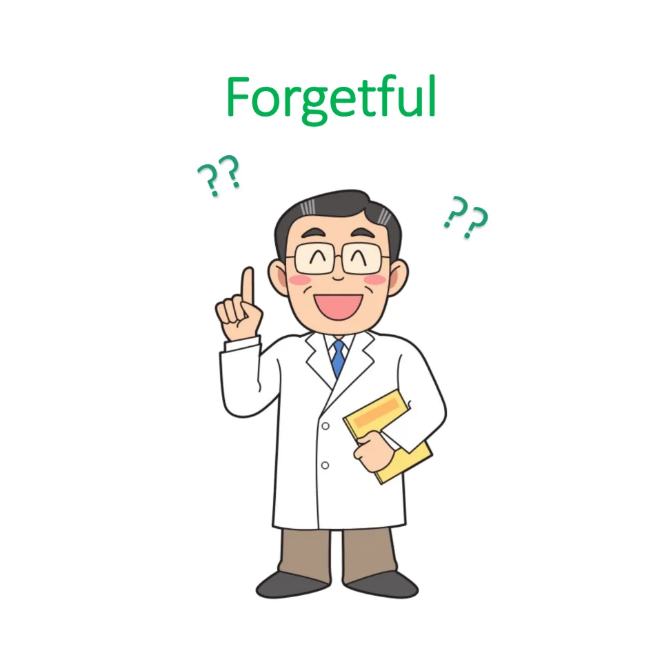 Doctor character card 4 of 4: Forgetful, illustrated with a doctor surrounded by question marks for role-play.