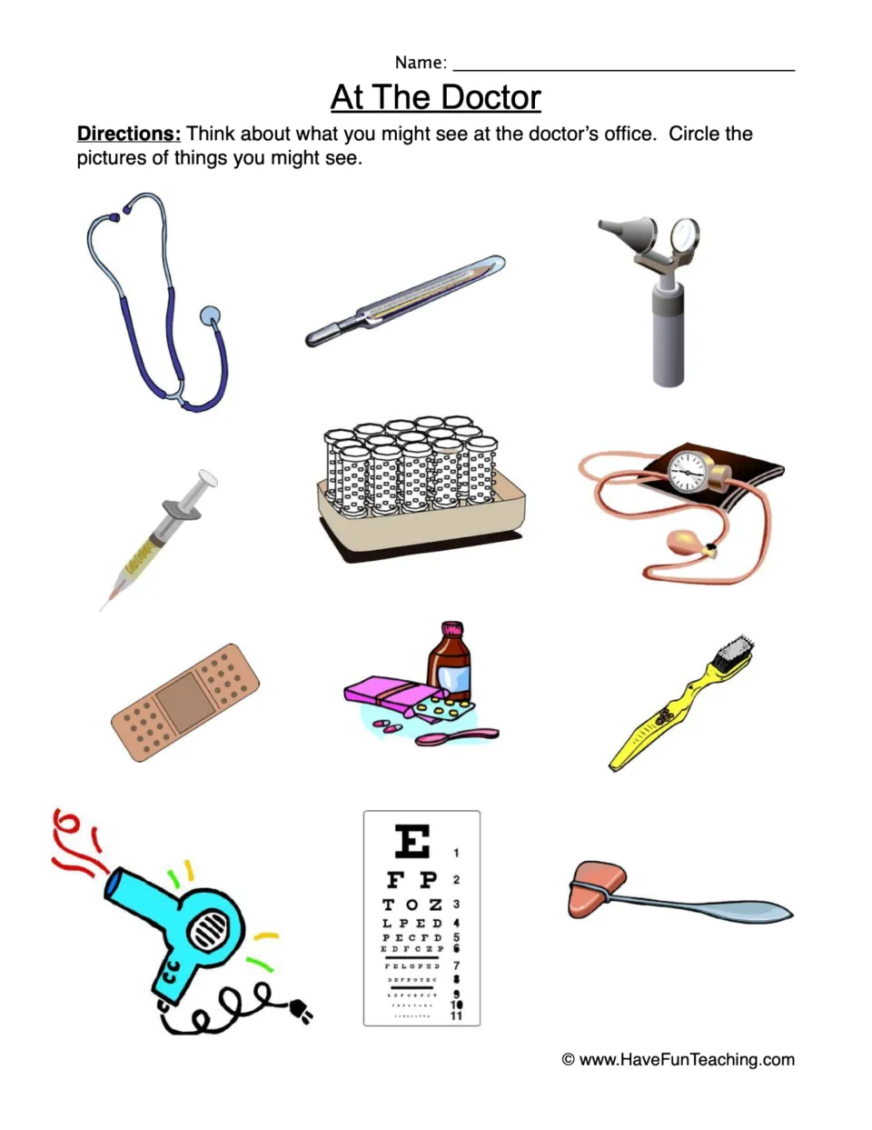 Doctor's office identification worksheet: circle items like a stethoscope, thermometer, and blood pressure cuff.