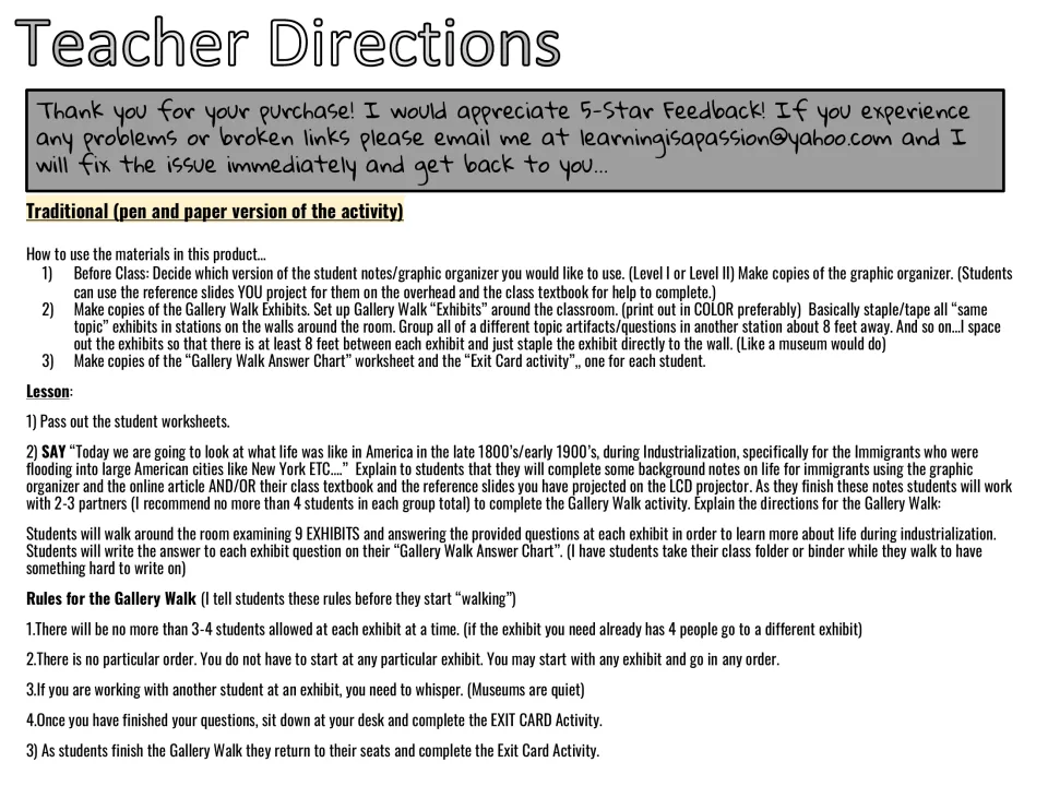 Teacher directions, pen and paper version: setting up 9 exhibits, the lesson script and rules for the walk