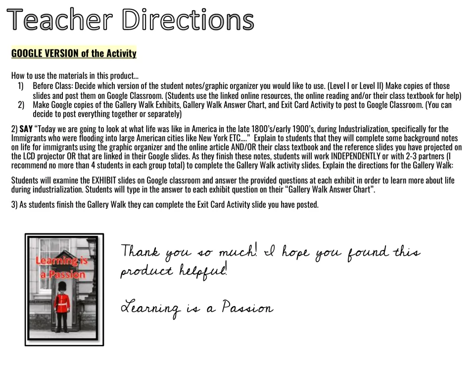 Teacher directions, Google version: posting notes, exhibit slides, answer chart and exit card online