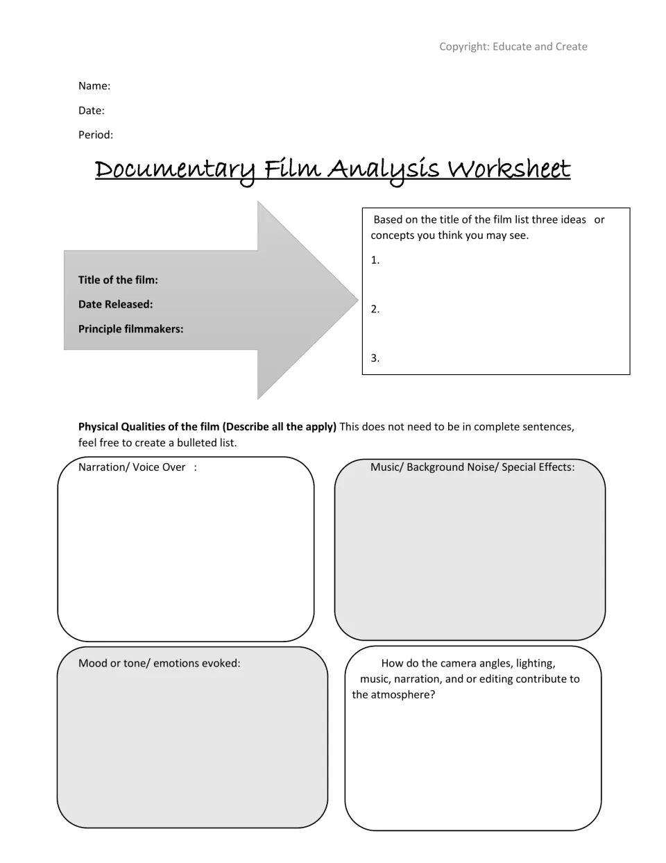 Documentary film analysis: students record title, date and filmmakers, predict 3 ideas, and note narration, music and mood