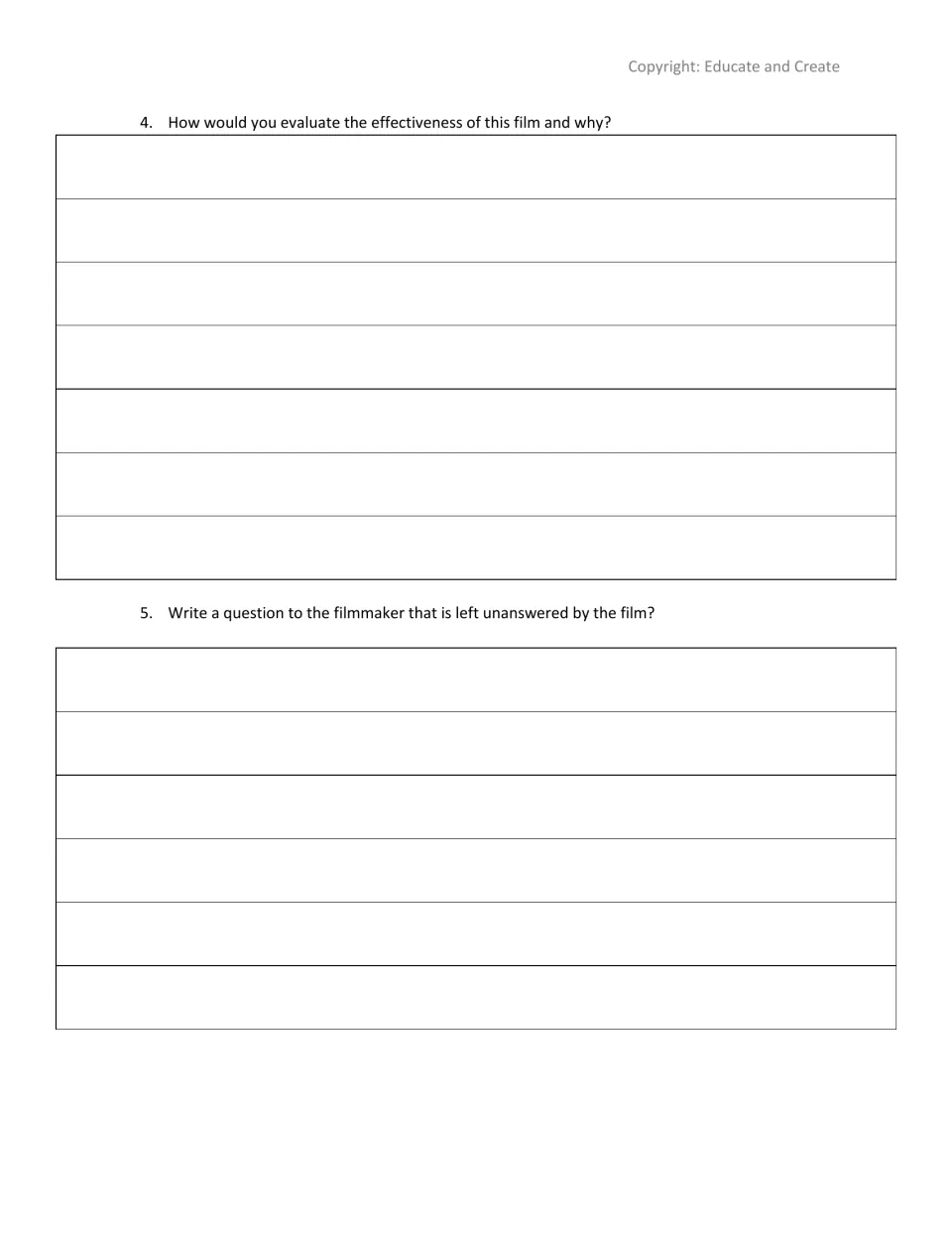 Post-viewing questions 4 and 5: students evaluate the film's effectiveness and write a question the film left unanswered