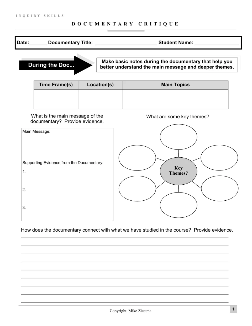 Documentary notes: students log time frames, locations and topics, give the main message with evidence and list key themes