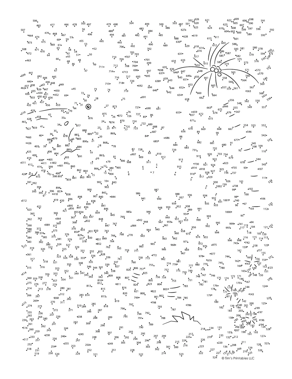 Extreme dot-to-dot: students connect numbered dots from 1 to over 1,000 to draw a dodo bird beside a palm tree