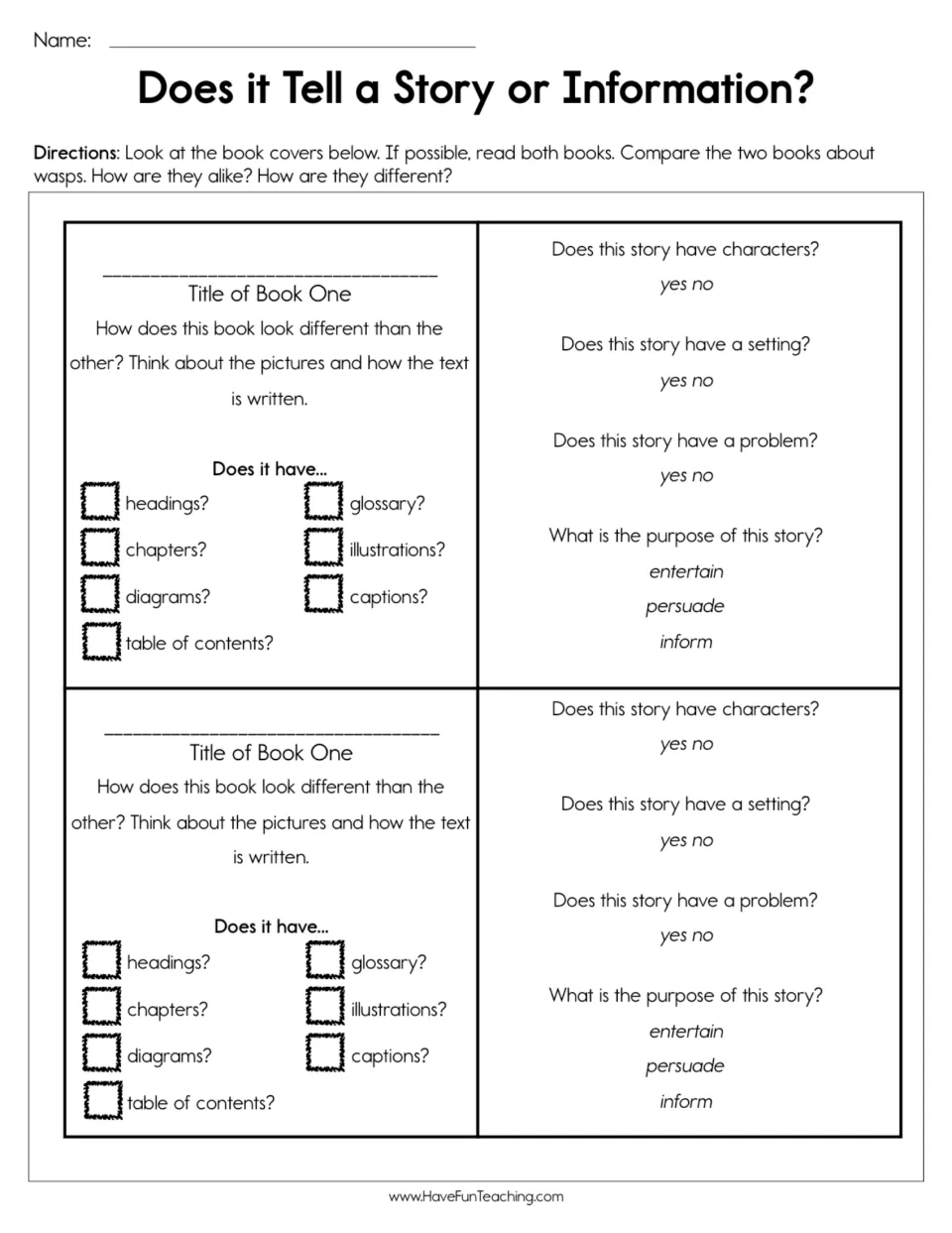 Reading comparison worksheet for two books about wasps, checking text features, story elements, and purpose.