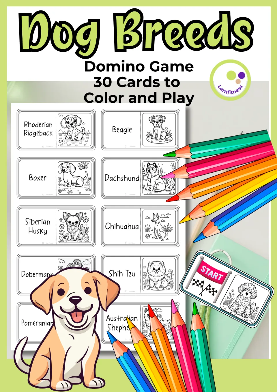 Dog Breeds Domino Game cover: 30 cards to color and play, each pairing a breed name with a dog drawing to color in
