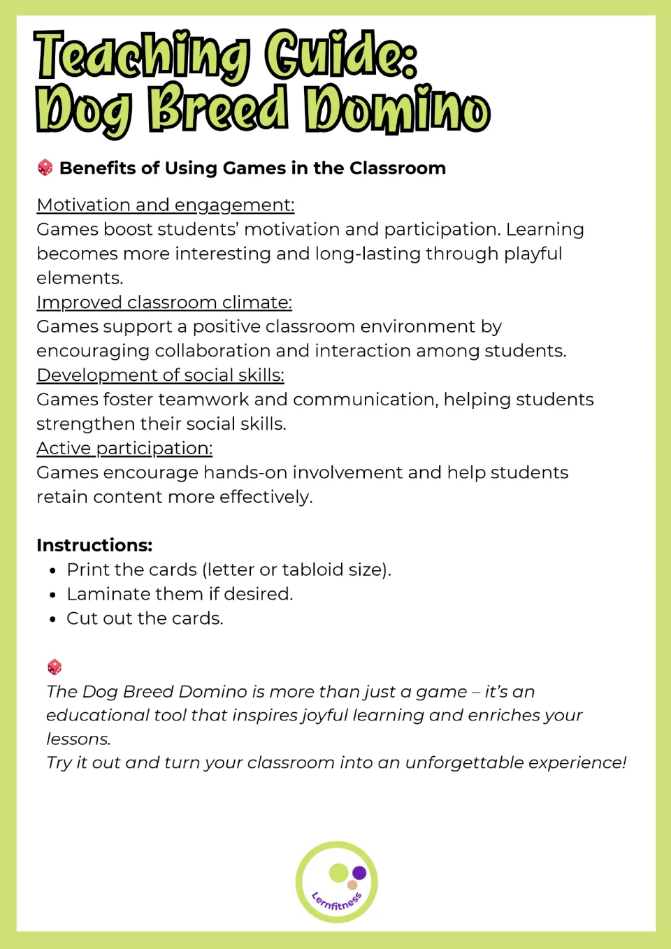 Teaching guide notes on using games in class, plus prep steps: print the cards, laminate them if desired and cut them out