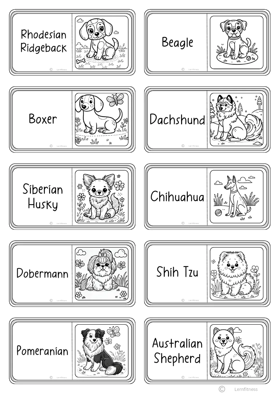 Dog breed domino cards to color: Beagle, Boxer, Dachshund, Chihuahua, Shih Tzu and more, each name beside a dog drawing