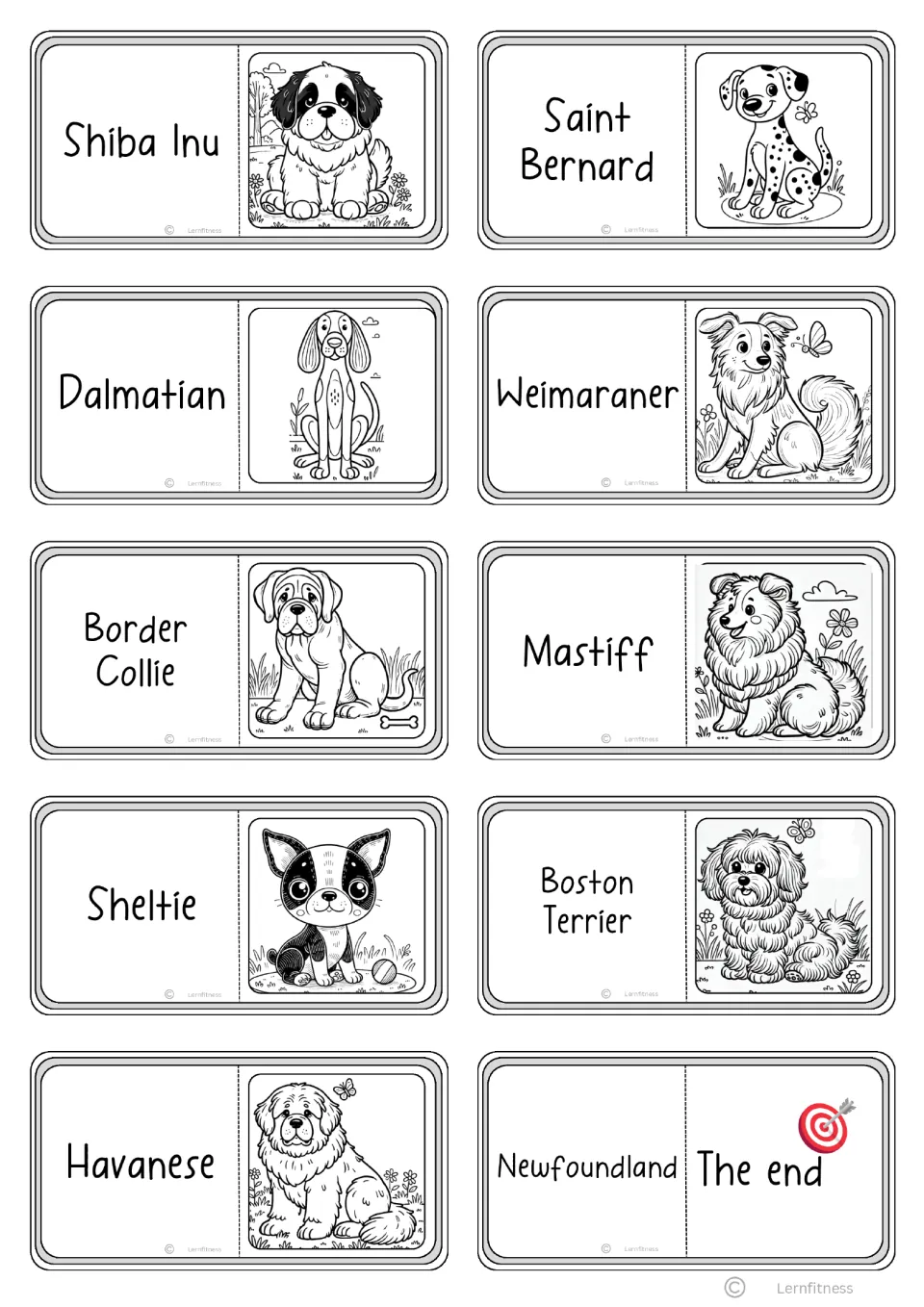 Dog breed domino cards to color: Shiba Inu, Dalmatian, Mastiff and Havanese, ending with a Newfoundland 'The end' card