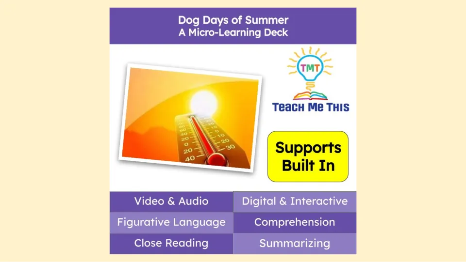 Dog Days of Summer cover introduces a micro-learning deck on figurative language, reading, and summarizing.