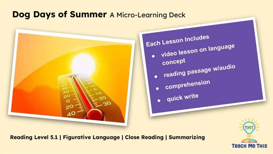 Lesson overview lists a language concept video, reading passage with audio, comprehension, and quick write.