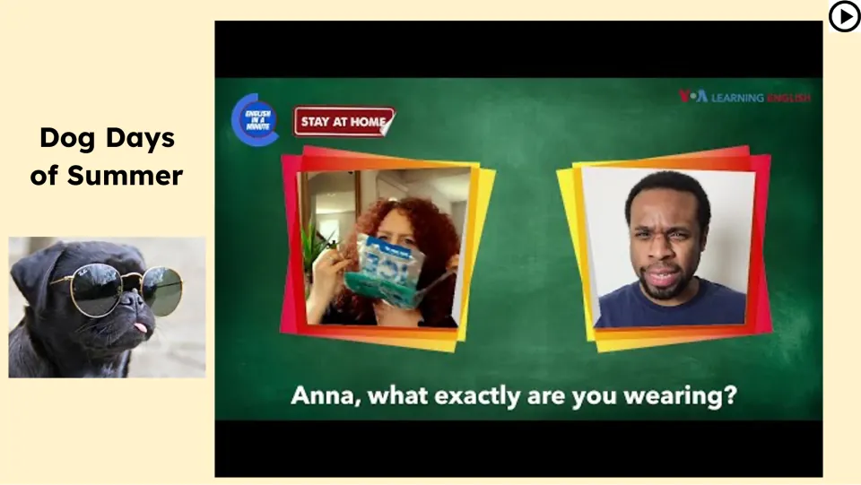 Video lesson slide shows English in a Minute from home, with the dialogue 'Anna, what exactly are you wearing?'