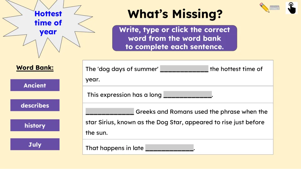 Four fill-in-the-blank sentences review the passage using the words Ancient, describes, history, and July.