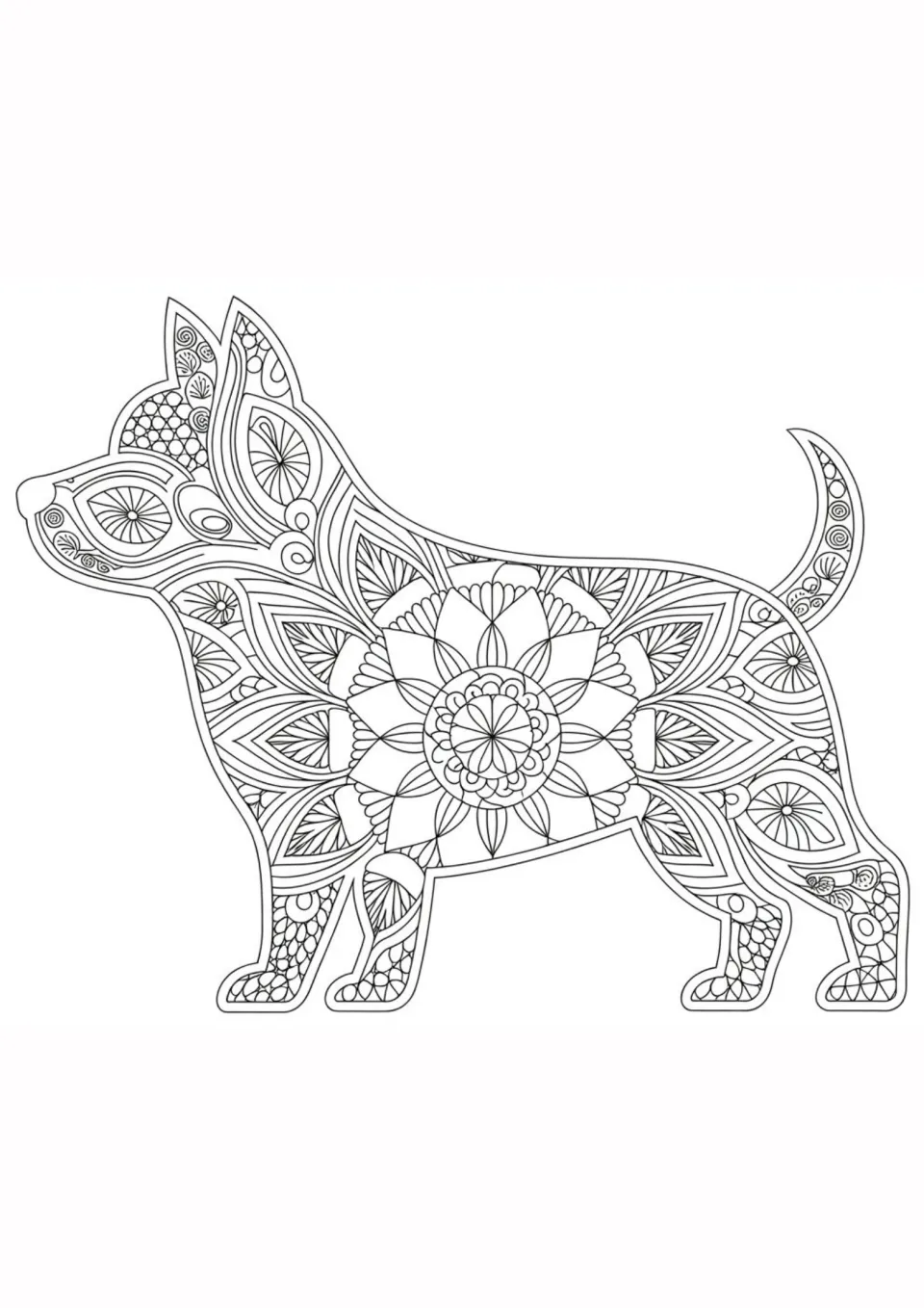 Dog mandala coloring activity: uncolored dog silhouette filled with a central flower and leaf patterns.