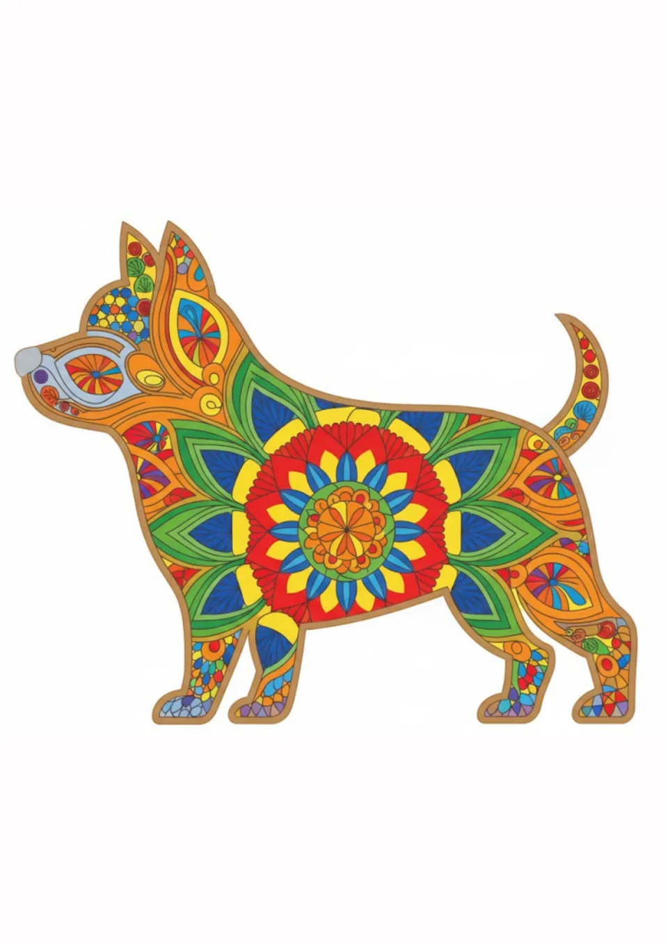 Colored version of the dog mandala design, with a red and yellow central flower, green leaves, and blue details.