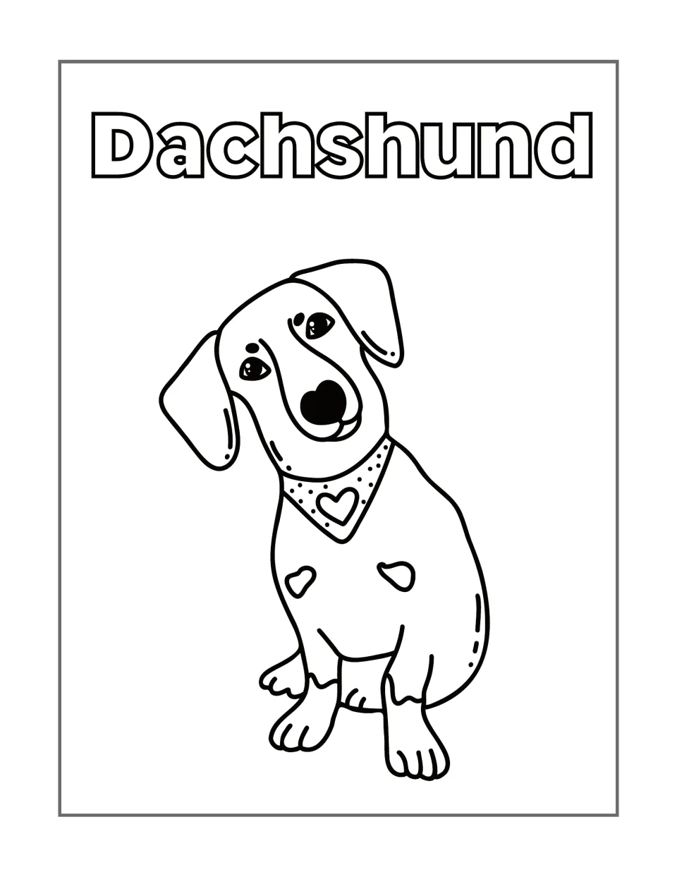 Dachshund coloring page featuring a seated dog tilting its head and wearing a bandana with a heart.