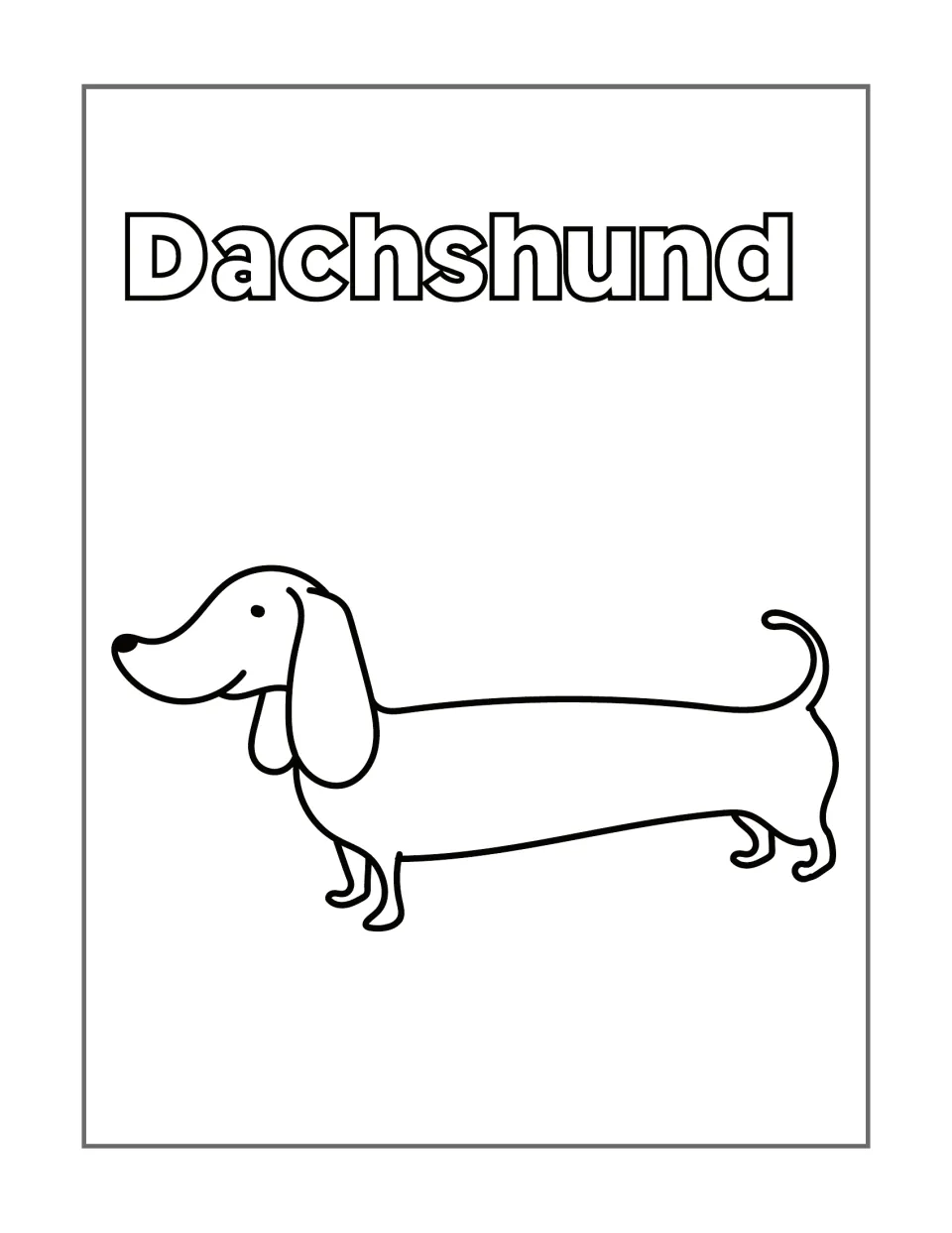 Dachshund coloring page featuring a standing dog in side view with a long body, short legs, and floppy ears.