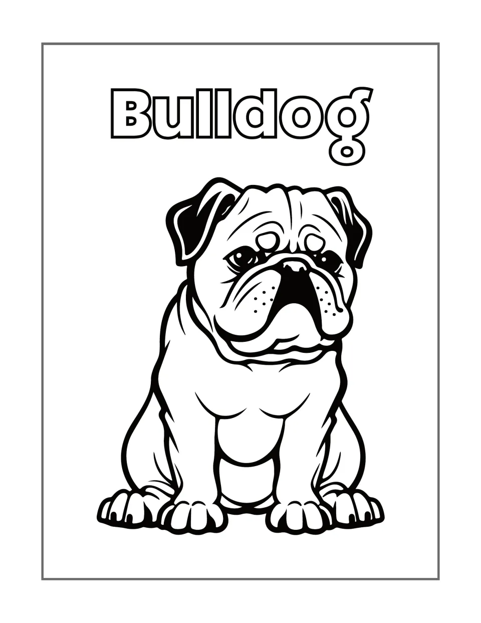 Bulldog coloring page featuring a seated dog facing forward, with a wrinkled face and all four paws visible.