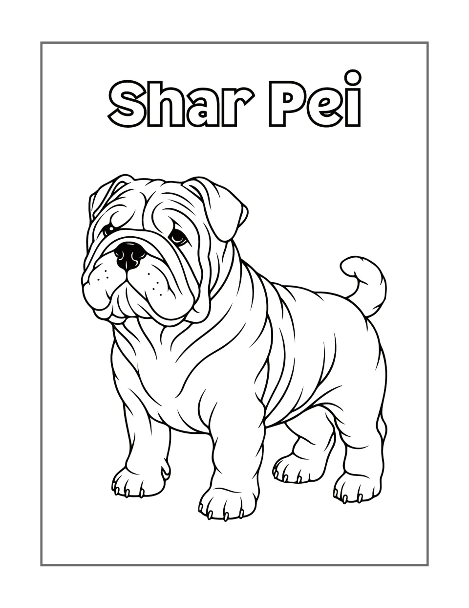 Shar Pei coloring page featuring a standing dog with folds of skin across its face and body and a curled tail.