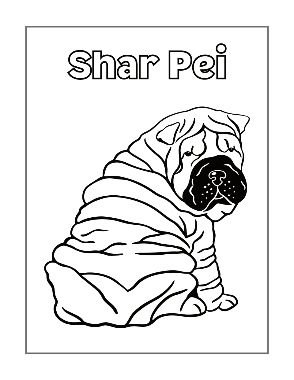 Shar Pei coloring page featuring a seated dog turned partly sideways, with deep skin folds and a dark muzzle.