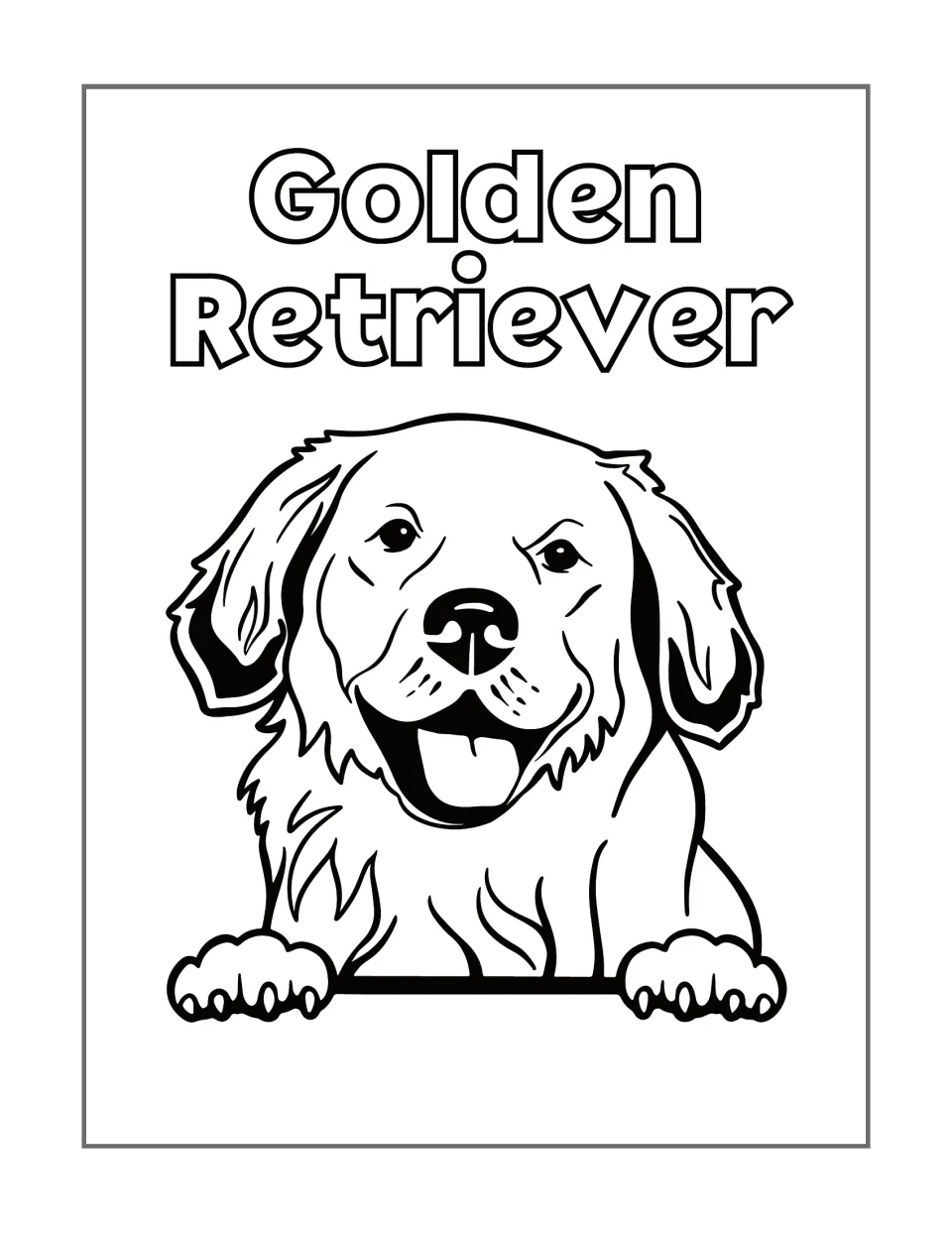 Golden Retriever coloring page featuring a front-facing dog with floppy ears, its tongue out, and two paws.