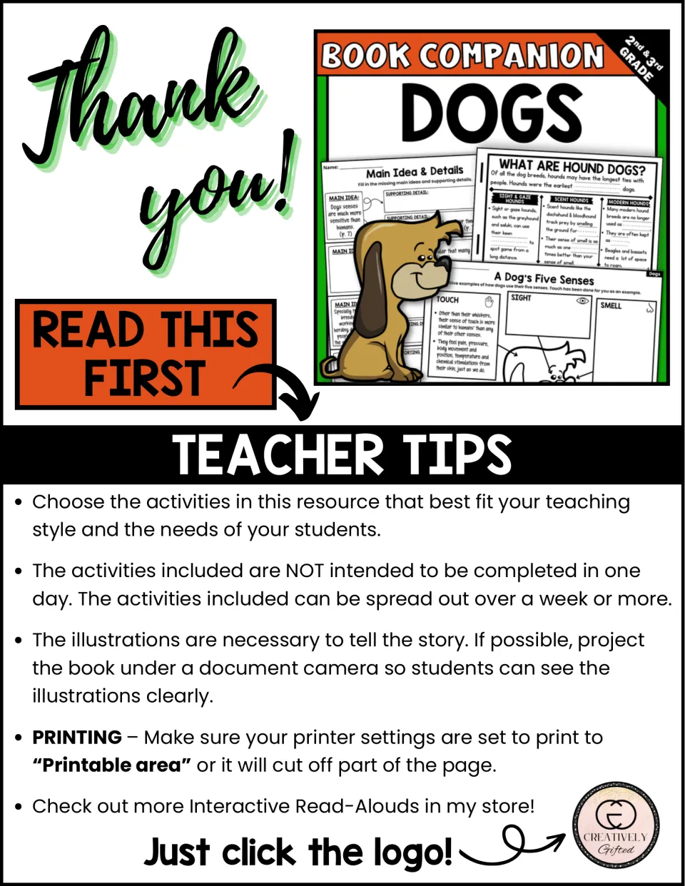 Read This First teacher tips: spread activities over a week, project the illustrations, print to printable area