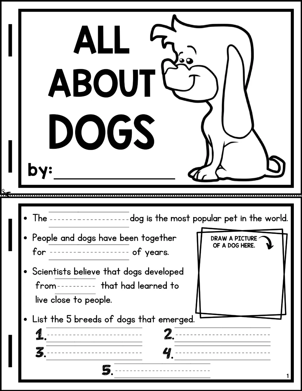 All About Dogs flipbook cover and page 1: students fill in facts on dogs as pets and their origins, then list 5 breeds