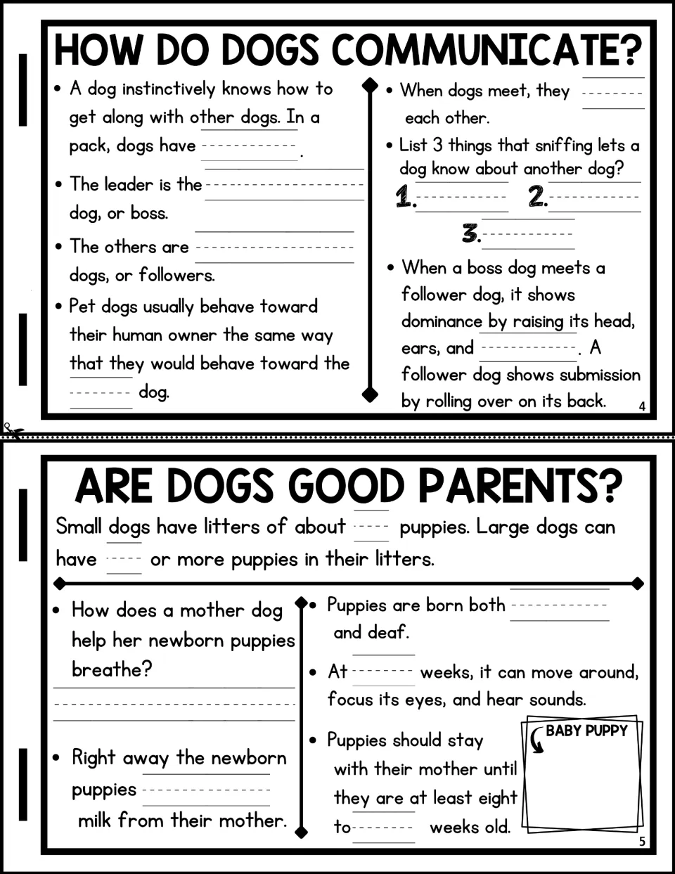 Flipbook pages 4 and 5: students fill in facts on how dogs communicate in a pack and how mother dogs care for puppies